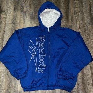 VINTAGE 1990S 1980S REEBOK INSULATED NYLON ROYAL BLUE WINDBREAKER MEDIUM